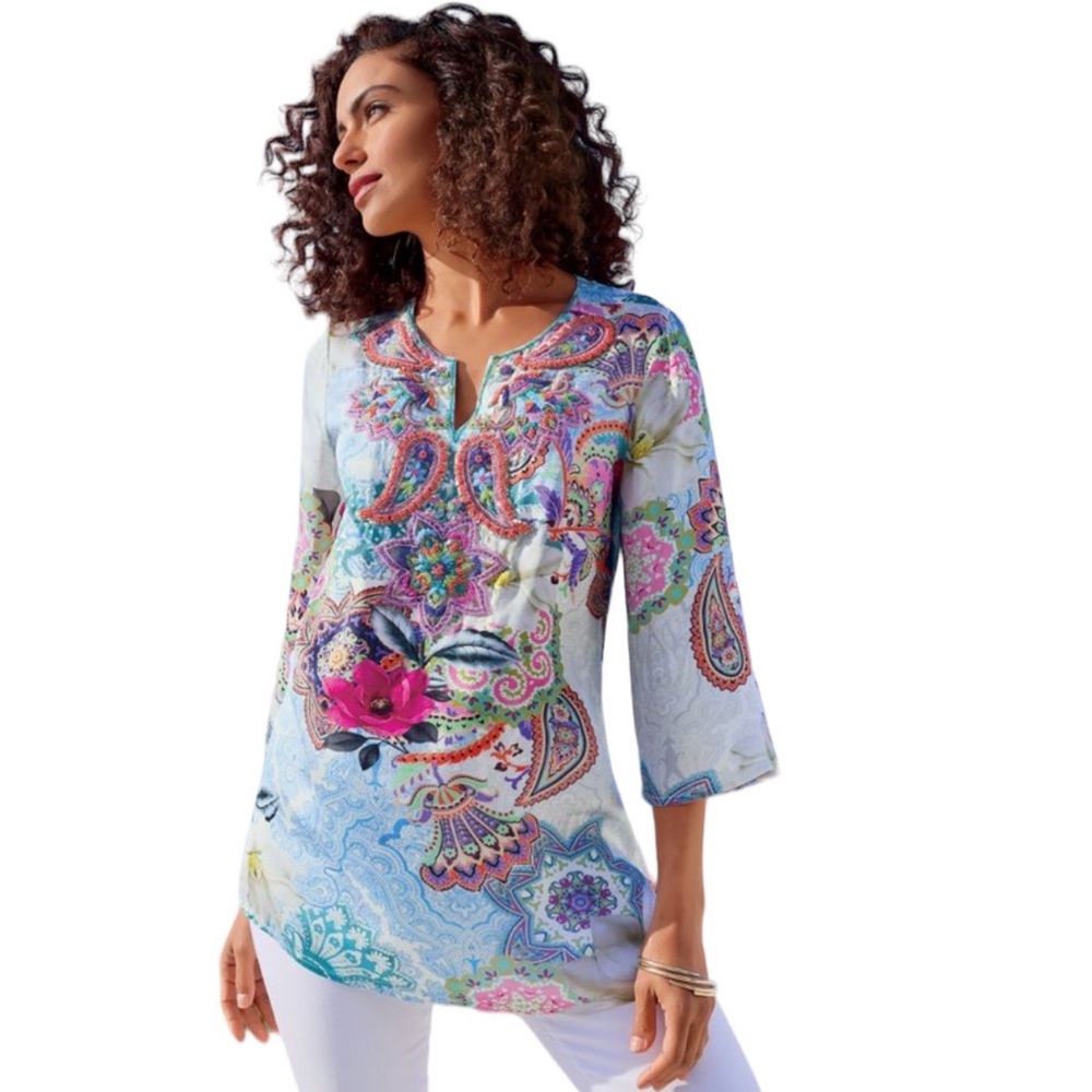 Soft Surroundings Florent Tunic in Aquatic Blue Size XS with Beaded Accents New